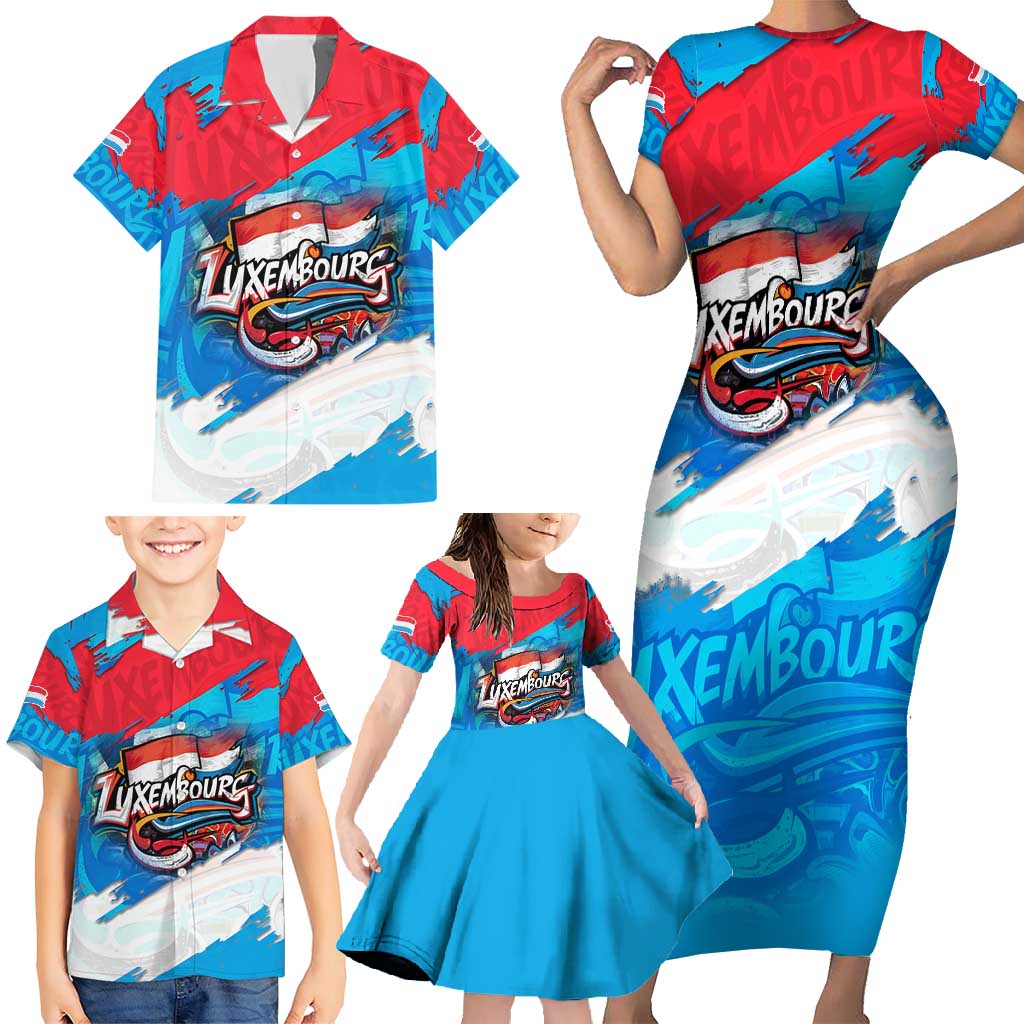 Luxembourg Flag Family Matching Short Sleeve Bodycon Dress and Hawaiian Shirt with Colorful Graffiti Street Art Design - Wonder Print Shop