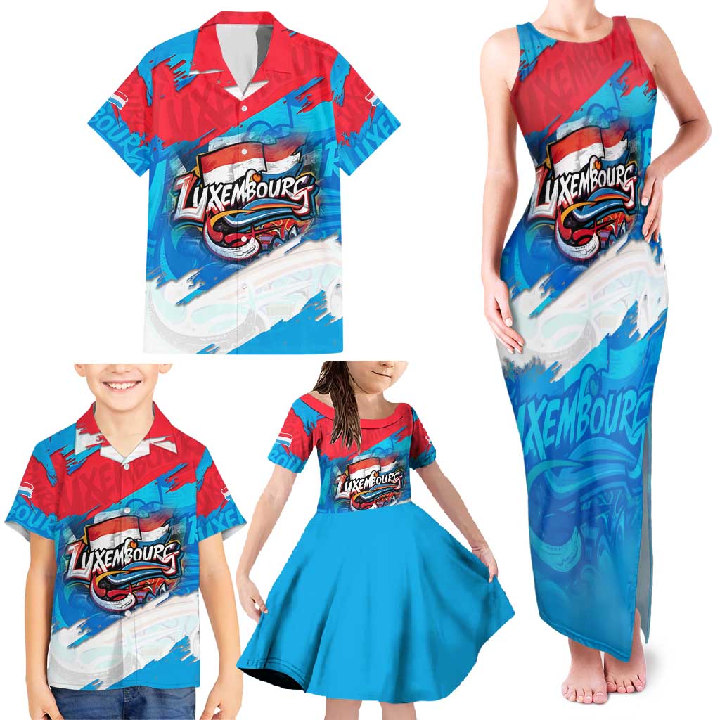 Luxembourg Flag Family Matching Tank Maxi Dress and Hawaiian Shirt with Colorful Graffiti Street Art Design - Wonder Print Shop