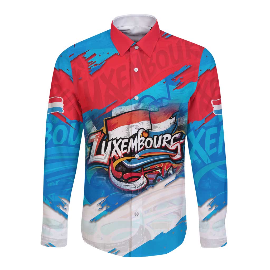 Luxembourg Flag Long Sleeve Button Shirt with Colorful Graffiti Street Art Design - Wonder Print Shop