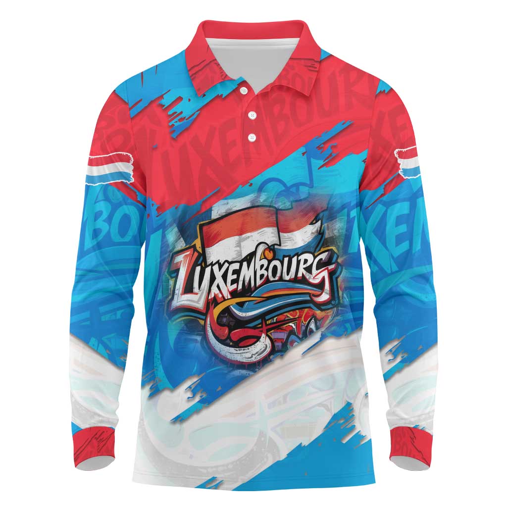 Luxembourg Flag Long Sleeve Polo Shirt with Colorful Graffiti Street Art Design - Wonder Print Shop