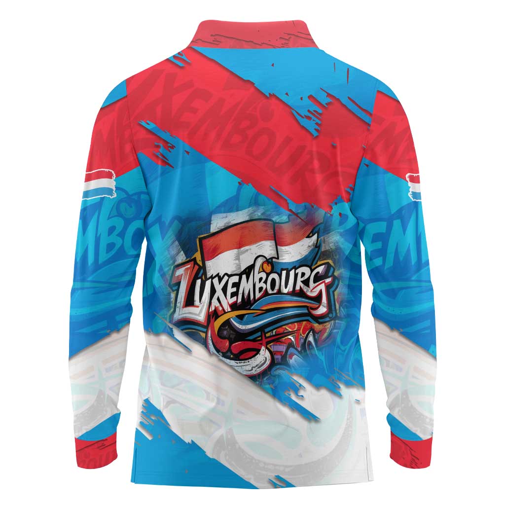 Luxembourg Flag Long Sleeve Polo Shirt with Colorful Graffiti Street Art Design - Wonder Print Shop