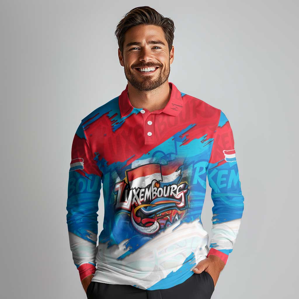 Luxembourg Flag Long Sleeve Polo Shirt with Colorful Graffiti Street Art Design - Wonder Print Shop