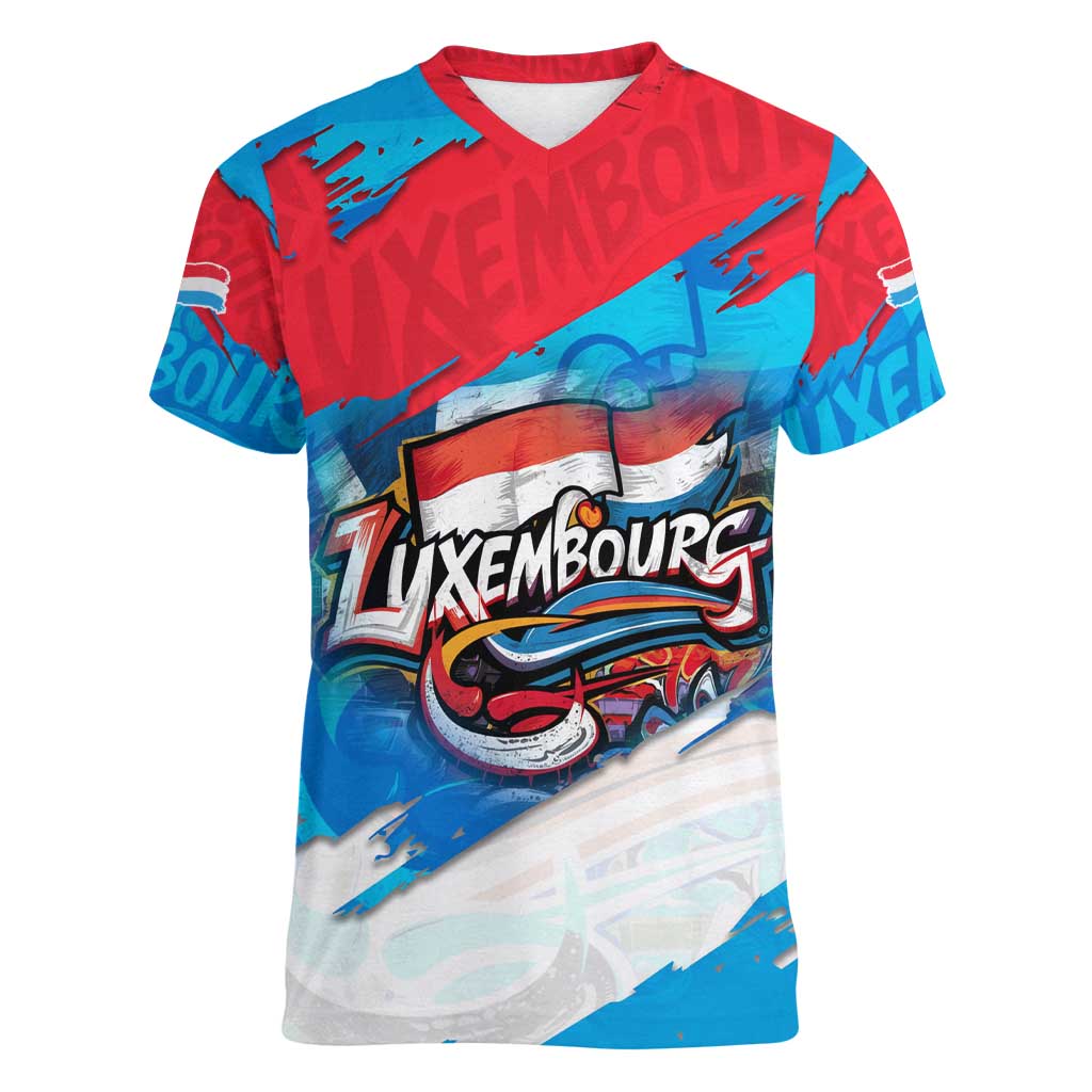 Luxembourg Flag Women V-Neck T-Shirt with Colorful Graffiti Street Art Design - Wonder Print Shop