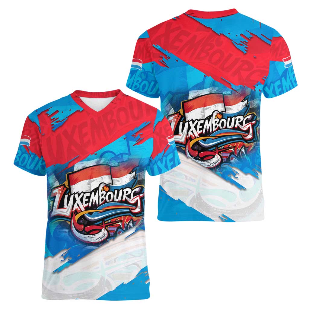 Luxembourg Flag Women V-Neck T-Shirt with Colorful Graffiti Street Art Design - Wonder Print Shop