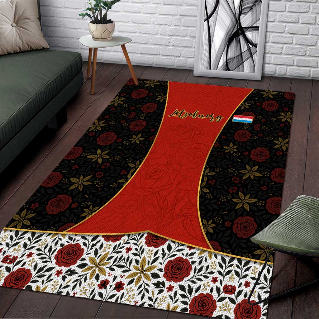Luxembourg Area Rug with Floral Folk Embroidery and Red Black Pattern Design