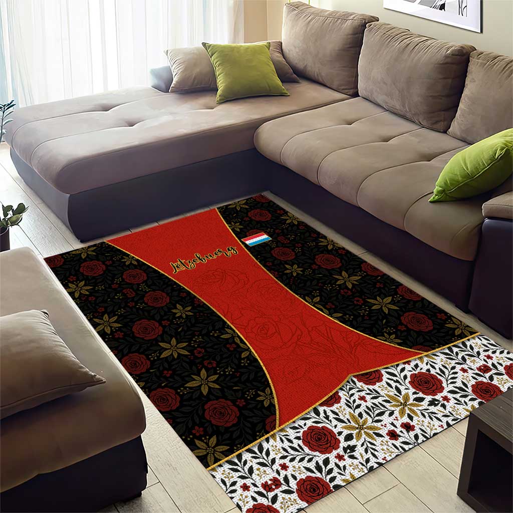 Luxembourg Area Rug with Floral Folk Embroidery and Red Black Pattern Design