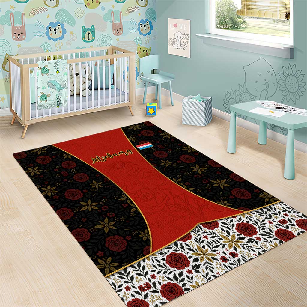 Luxembourg Area Rug with Floral Folk Embroidery and Red Black Pattern Design
