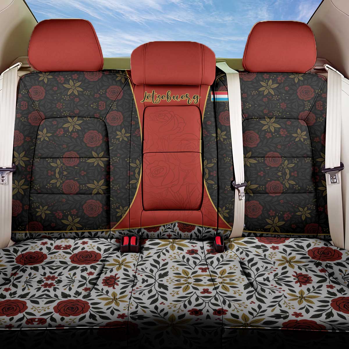 Luxembourg Back Car Seat Cover with Floral Folk Embroidery and Red Black Pattern Design