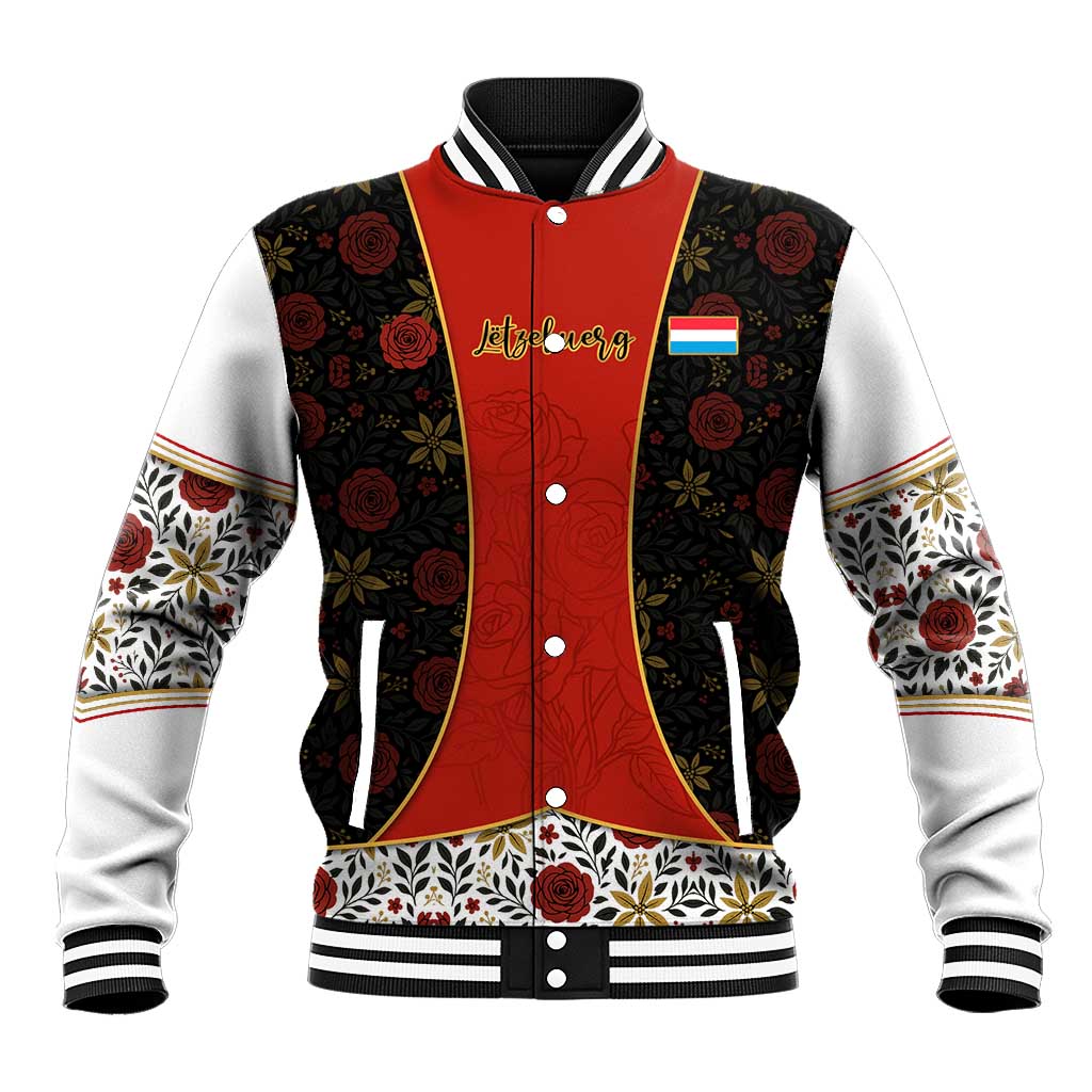 Luxembourg Baseball Jacket with Floral Folk Embroidery and Red Black Pattern Design