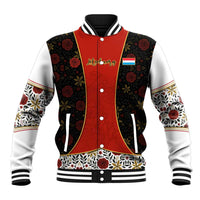 Luxembourg Baseball Jacket with Floral Folk Embroidery and Red Black Pattern Design