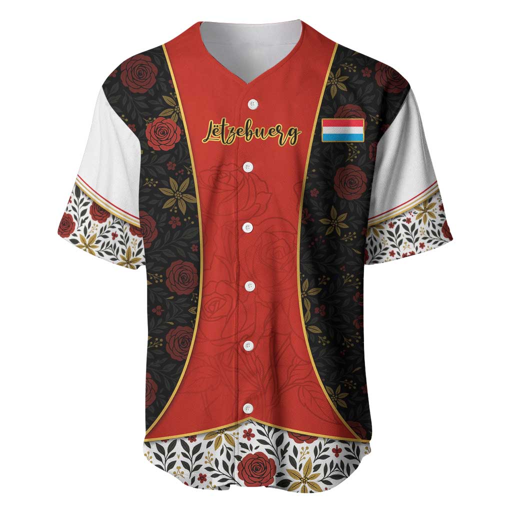 Luxembourg Baseball Jersey with Floral Folk Embroidery and Red Black Pattern Design