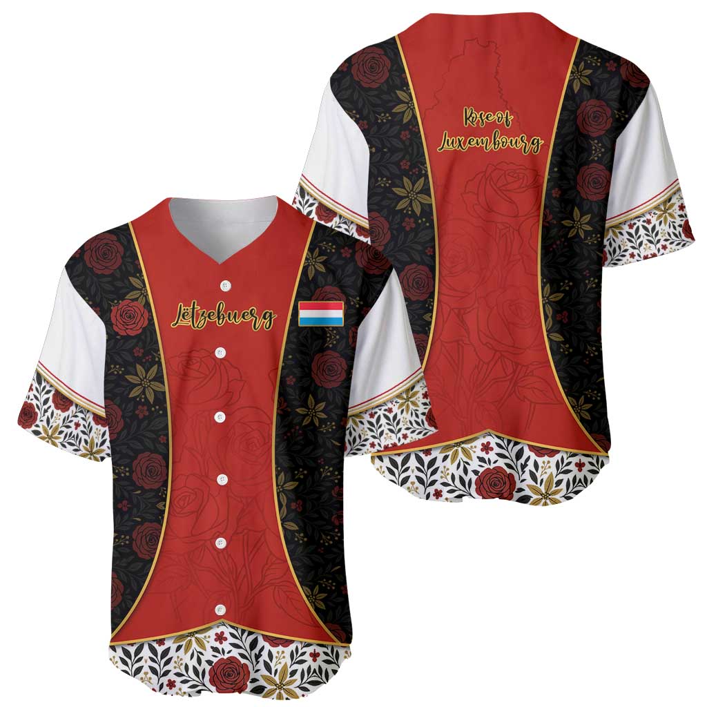 Luxembourg Baseball Jersey with Floral Folk Embroidery and Red Black Pattern Design