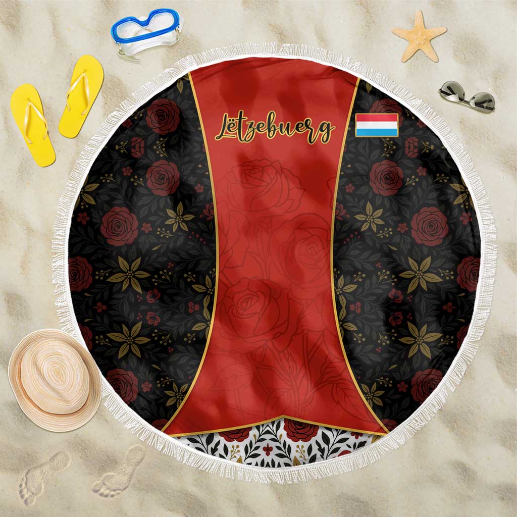 Luxembourg Beach Blanket with Floral Folk Embroidery and Red Black Pattern Design