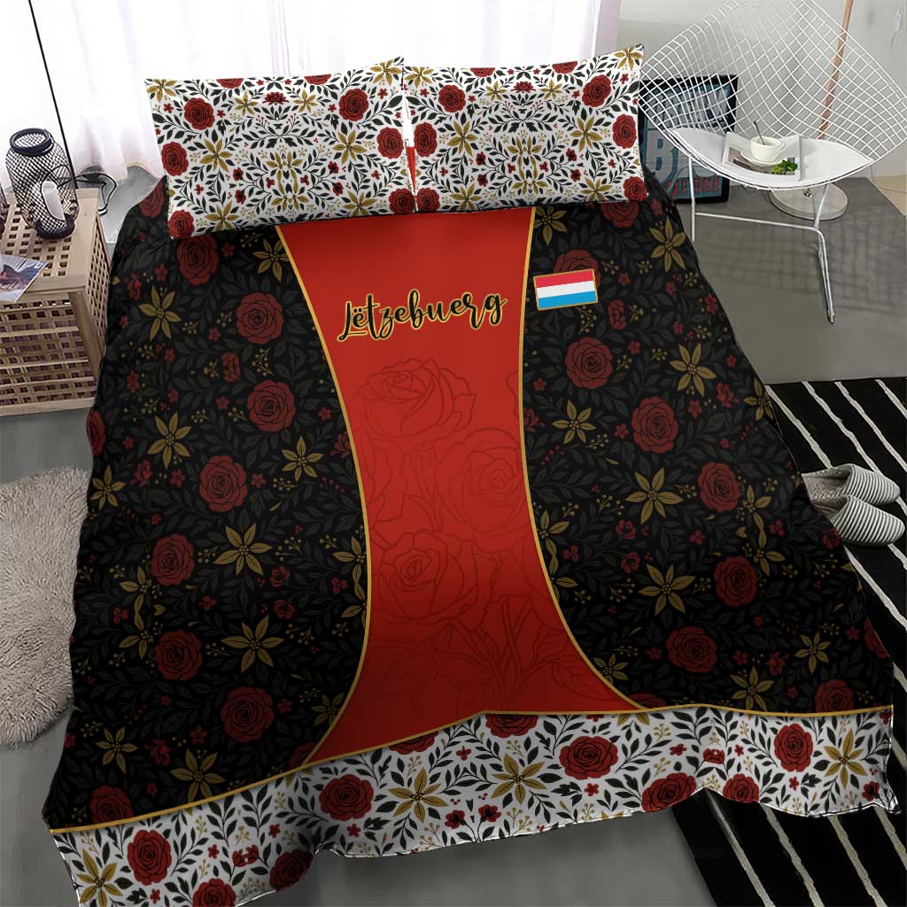 Luxembourg Bedding Set with Floral Folk Embroidery and Red Black Pattern Design