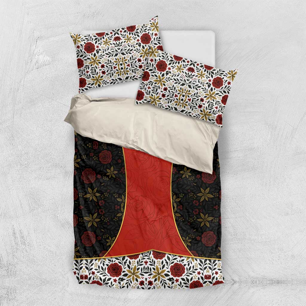 Luxembourg Bedding Set with Floral Folk Embroidery and Red Black Pattern Design