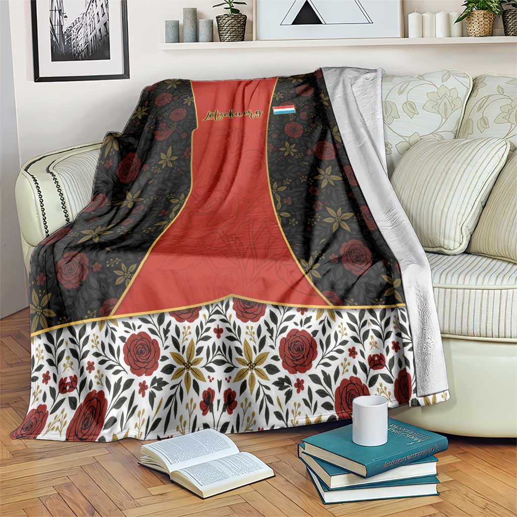 Luxembourg Blanket with Floral Folk Embroidery and Red Black Pattern Design