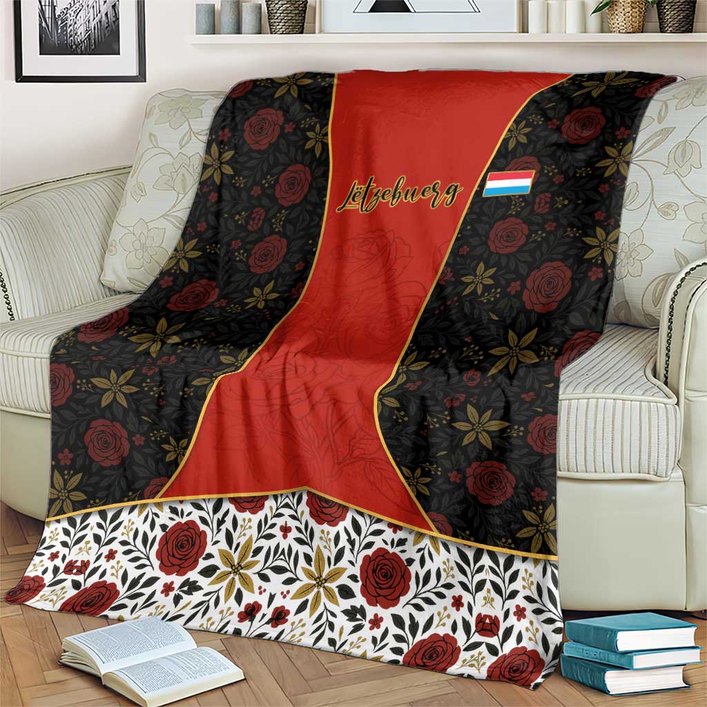 Luxembourg Blanket with Floral Folk Embroidery and Red Black Pattern Design