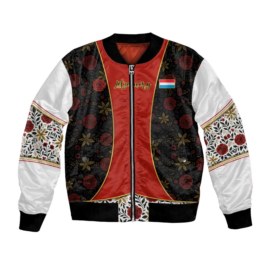Luxembourg Bomber Jacket with Floral Folk Embroidery and Red Black Pattern Design