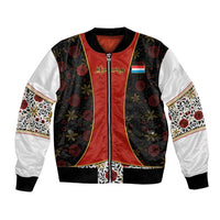 Luxembourg Bomber Jacket with Floral Folk Embroidery and Red Black Pattern Design