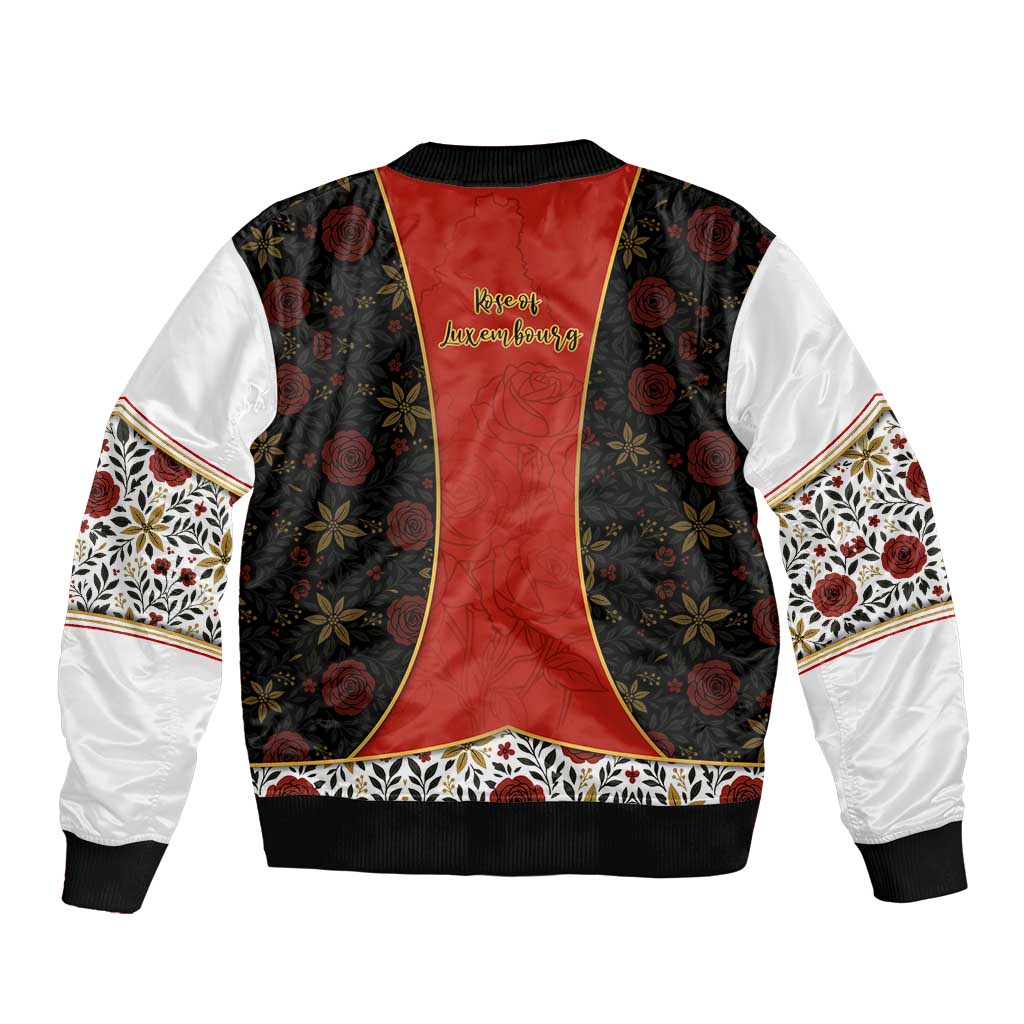 Luxembourg Bomber Jacket with Floral Folk Embroidery and Red Black Pattern Design