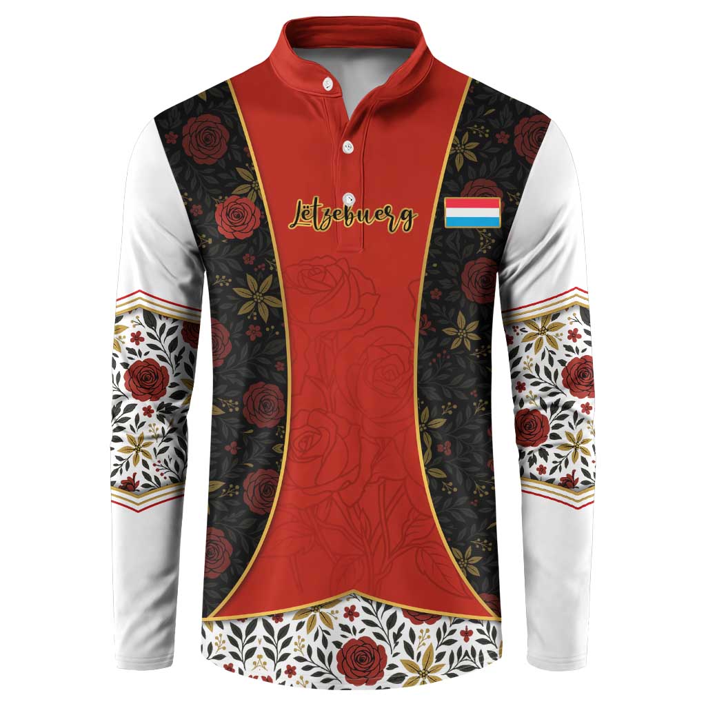 Luxembourg Button Sweatshirt with Floral Folk Embroidery and Red Black Pattern Design