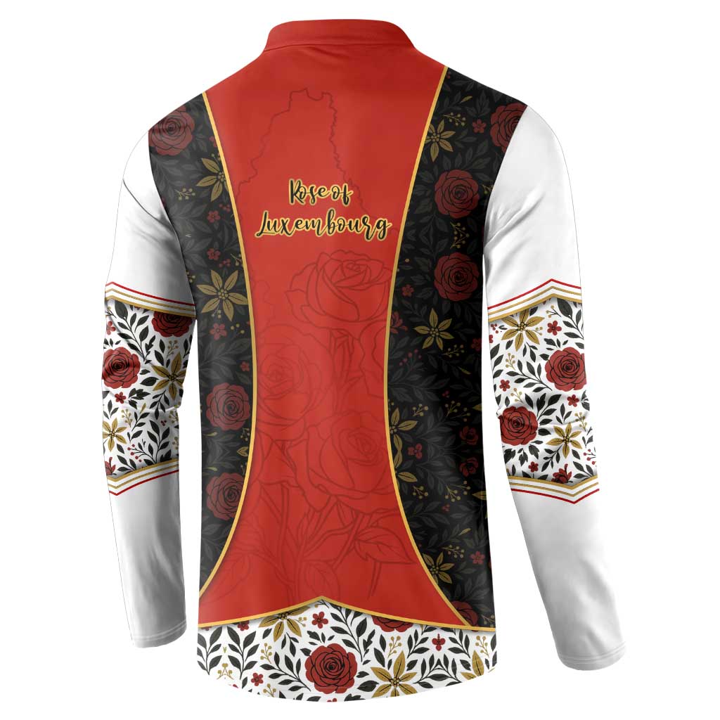 Luxembourg Button Sweatshirt with Floral Folk Embroidery and Red Black Pattern Design