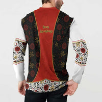 Luxembourg Button Sweatshirt with Floral Folk Embroidery and Red Black Pattern Design