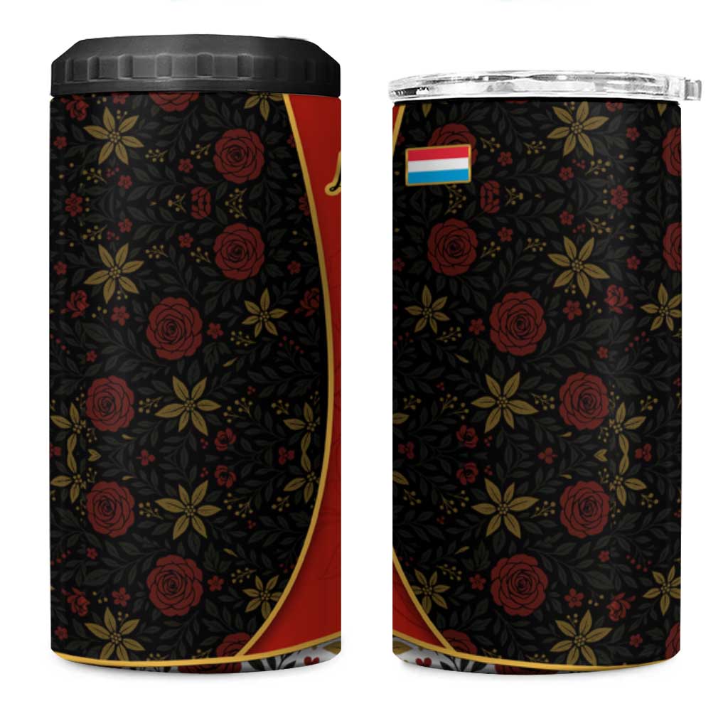 Luxembourg 4 in 1 Can Cooler Tumbler with Floral Folk Embroidery and Red Black Pattern Design