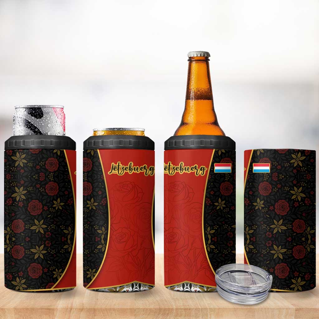 Luxembourg 4 in 1 Can Cooler Tumbler with Floral Folk Embroidery and Red Black Pattern Design