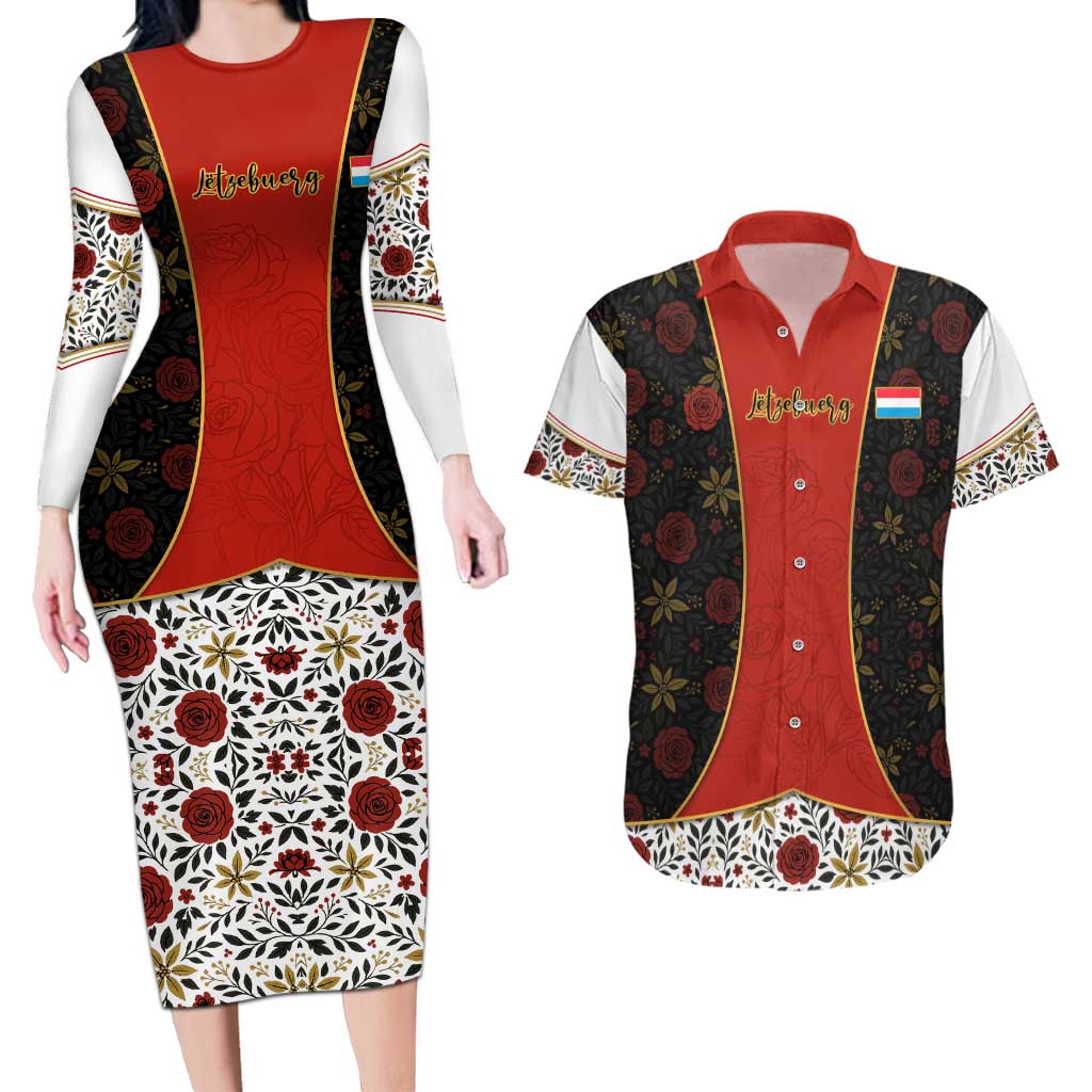 Luxembourg Couples Matching Long Sleeve Bodycon Dress and Hawaiian Shirt with Floral Folk Embroidery and Red Black Pattern Design