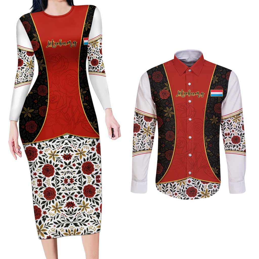 Luxembourg Couples Matching Long Sleeve Bodycon Dress and Long Sleeve Button Shirt with Floral Folk Embroidery and Red Black Pattern Design