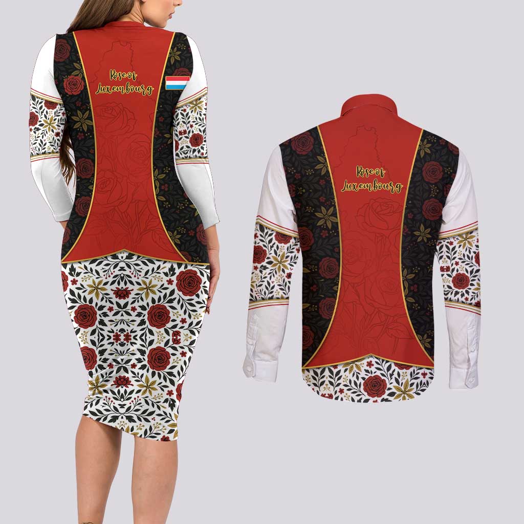 Luxembourg Couples Matching Long Sleeve Bodycon Dress and Long Sleeve Button Shirt with Floral Folk Embroidery and Red Black Pattern Design