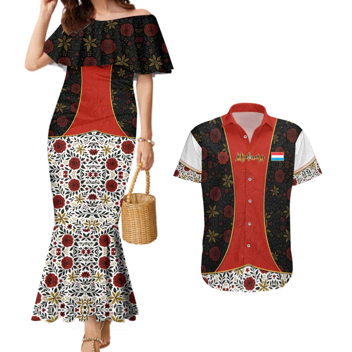 Luxembourg Couples Matching Mermaid Dress and Hawaiian Shirt with Floral Folk Embroidery and Red Black Pattern Design