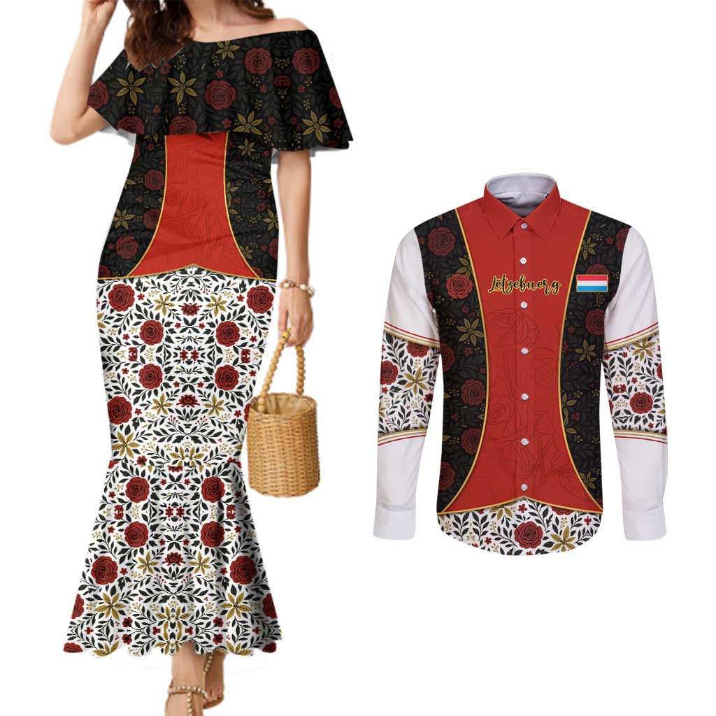 Luxembourg Couples Matching Mermaid Dress and Long Sleeve Button Shirt with Floral Folk Embroidery and Red Black Pattern Design