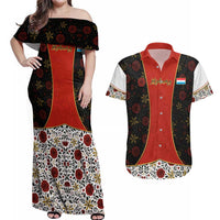 Luxembourg Couples Matching Off Shoulder Maxi Dress and Hawaiian Shirt with Floral Folk Embroidery and Red Black Pattern Design