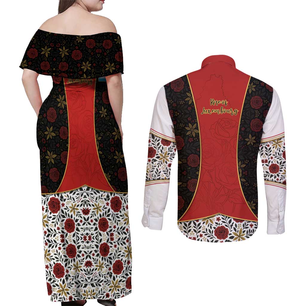 Luxembourg Couples Matching Off Shoulder Maxi Dress and Long Sleeve Button Shirt with Floral Folk Embroidery and Red Black Pattern Design