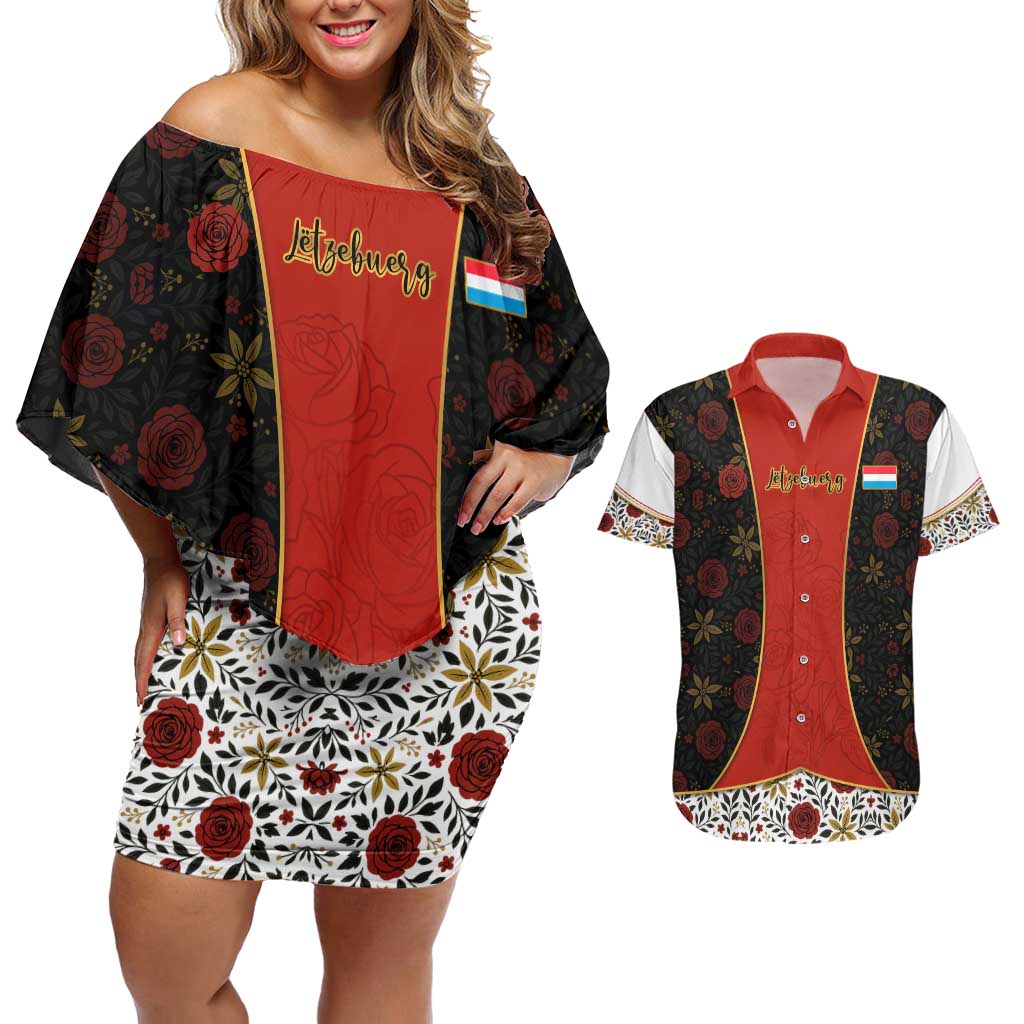 Luxembourg Couples Matching Off Shoulder Short Dress and Hawaiian Shirt with Floral Folk Embroidery and Red Black Pattern Design