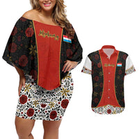 Luxembourg Couples Matching Off Shoulder Short Dress and Hawaiian Shirt with Floral Folk Embroidery and Red Black Pattern Design