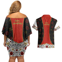 Luxembourg Couples Matching Off Shoulder Short Dress and Hawaiian Shirt with Floral Folk Embroidery and Red Black Pattern Design