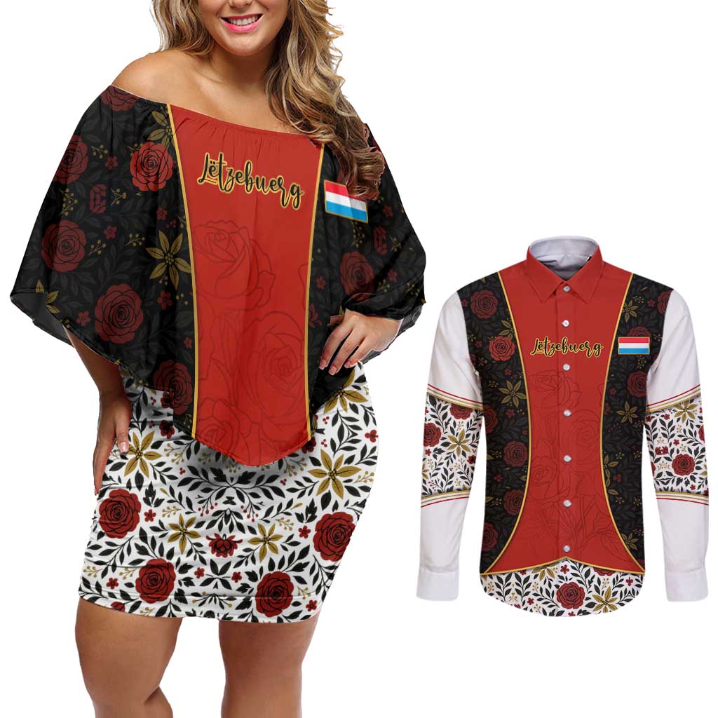 Luxembourg Couples Matching Off Shoulder Short Dress and Long Sleeve Button Shirt with Floral Folk Embroidery and Red Black Pattern Design