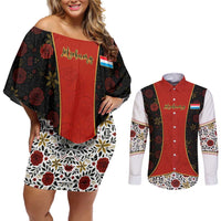 Luxembourg Couples Matching Off Shoulder Short Dress and Long Sleeve Button Shirt with Floral Folk Embroidery and Red Black Pattern Design