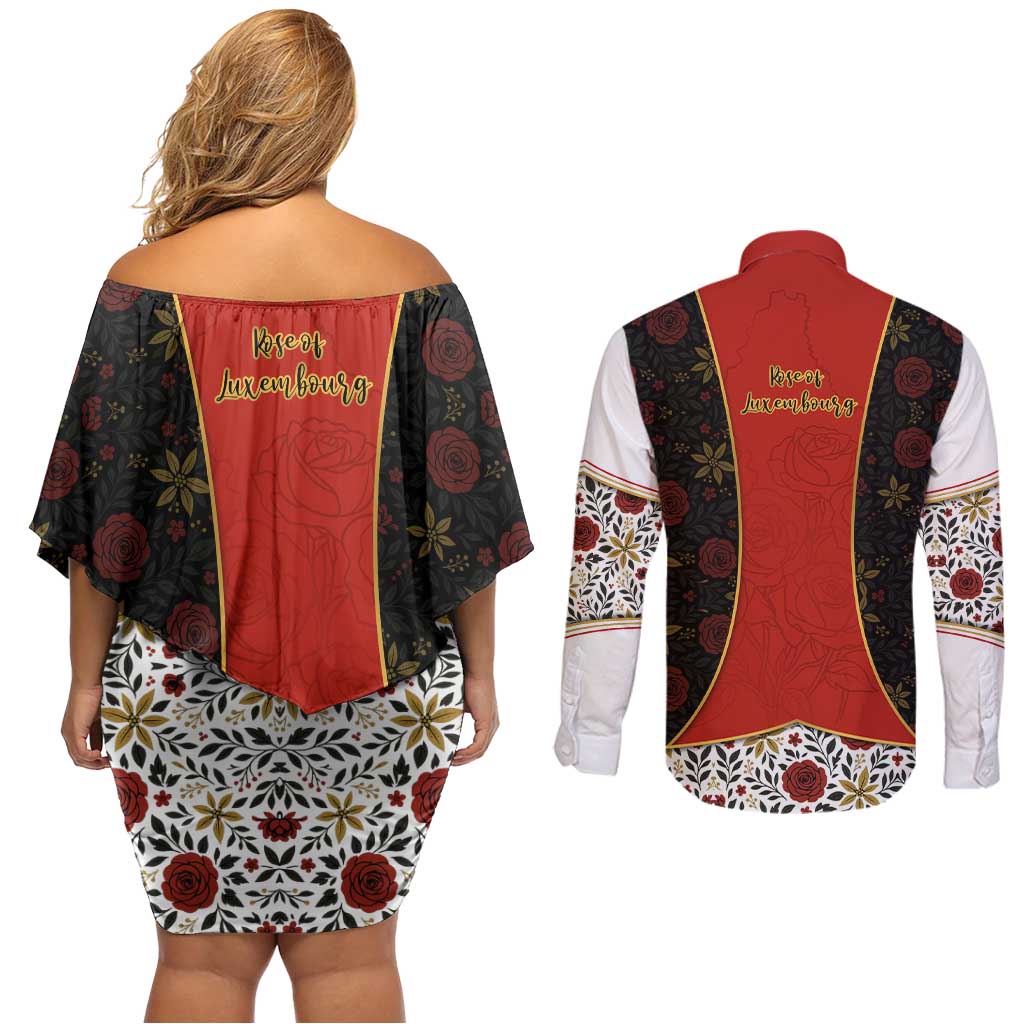 Luxembourg Couples Matching Off Shoulder Short Dress and Long Sleeve Button Shirt with Floral Folk Embroidery and Red Black Pattern Design