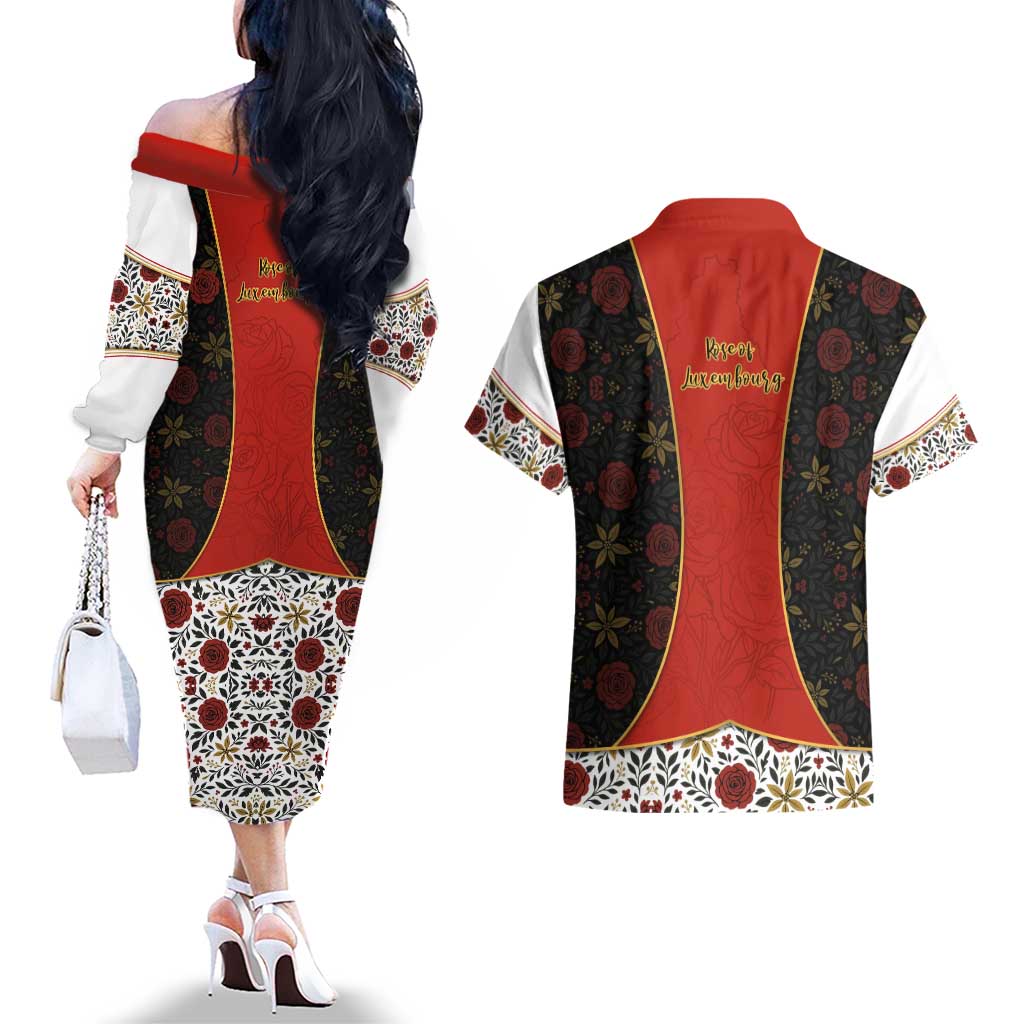 Luxembourg Couples Matching Off The Shoulder Long Sleeve Dress and Hawaiian Shirt with Floral Folk Embroidery and Red Black Pattern Design