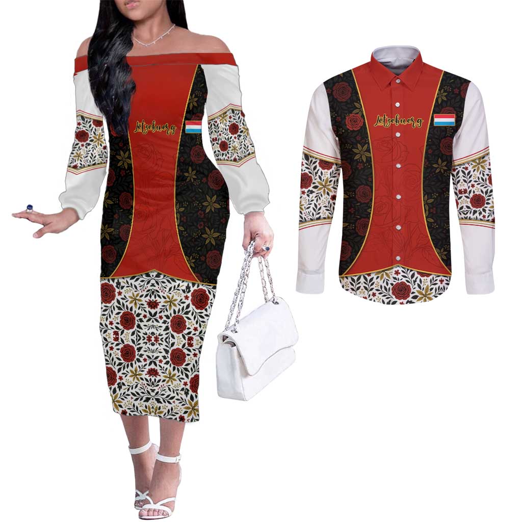 Luxembourg Couples Matching Off The Shoulder Long Sleeve Dress and Long Sleeve Button Shirt with Floral Folk Embroidery and Red Black Pattern Design