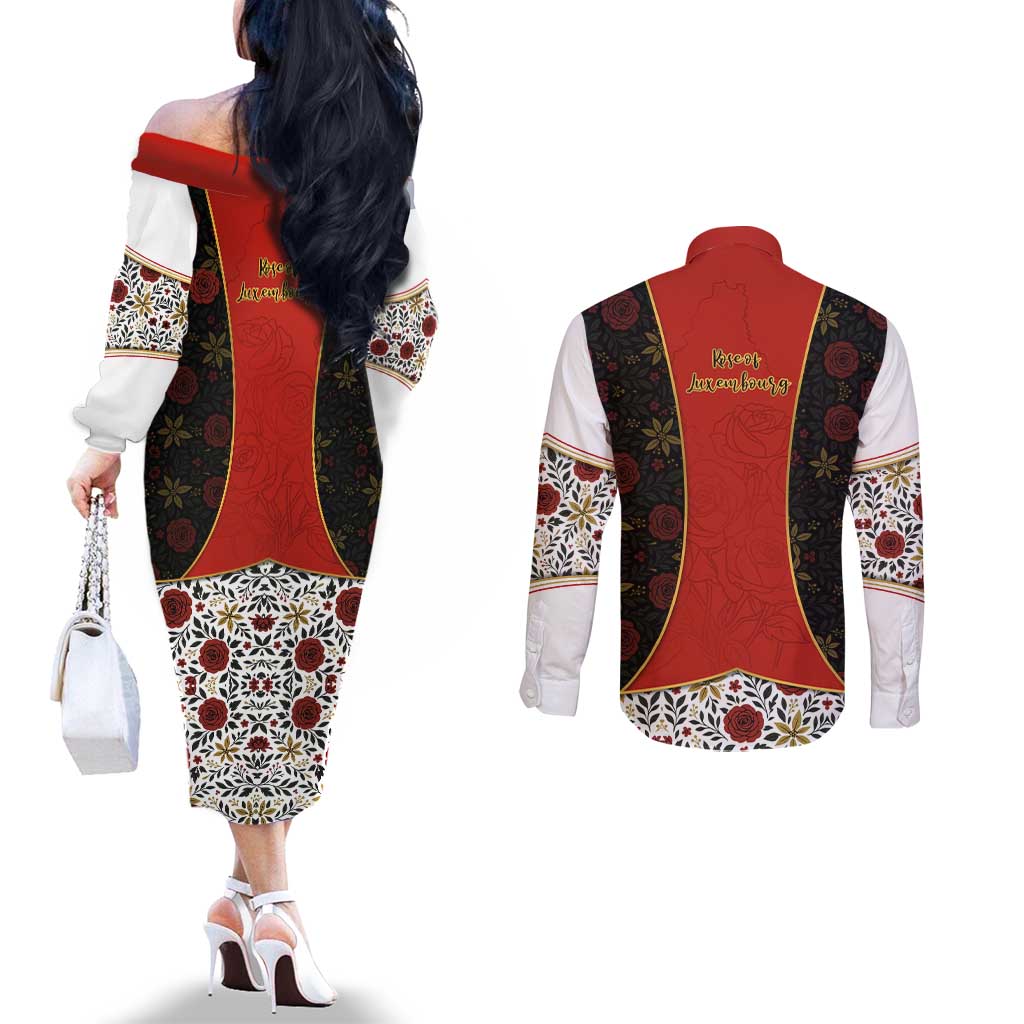 Luxembourg Couples Matching Off The Shoulder Long Sleeve Dress and Long Sleeve Button Shirt with Floral Folk Embroidery and Red Black Pattern Design