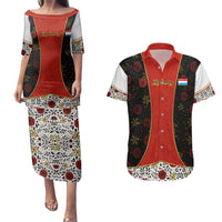 Luxembourg Couples Matching Puletasi and Hawaiian Shirt with Floral Folk Embroidery and Red Black Pattern Design