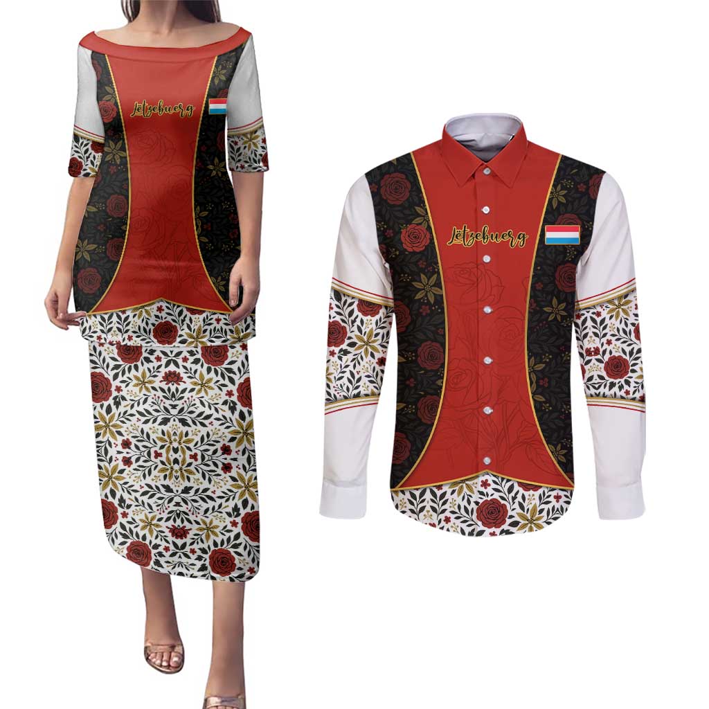 Luxembourg Couples Matching Puletasi and Long Sleeve Button Shirt with Floral Folk Embroidery and Red Black Pattern Design