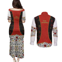 Luxembourg Couples Matching Puletasi and Long Sleeve Button Shirt with Floral Folk Embroidery and Red Black Pattern Design