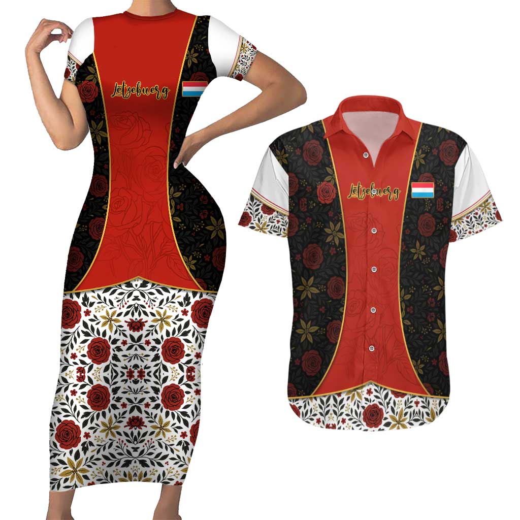 Luxembourg Couples Matching Short Sleeve Bodycon Dress and Hawaiian Shirt with Floral Folk Embroidery and Red Black Pattern Design