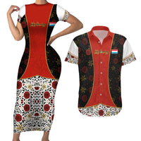 Luxembourg Couples Matching Short Sleeve Bodycon Dress and Hawaiian Shirt with Floral Folk Embroidery and Red Black Pattern Design